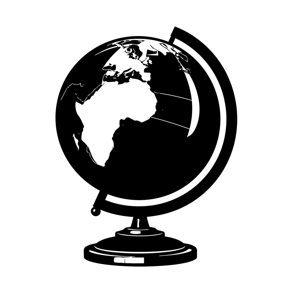 Black desk globe on a curved stand and round base showing Africa and Europe