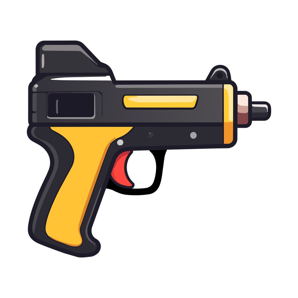 Cartoon glue gun with charcoal gray body, yellow grip and red trigger, side view