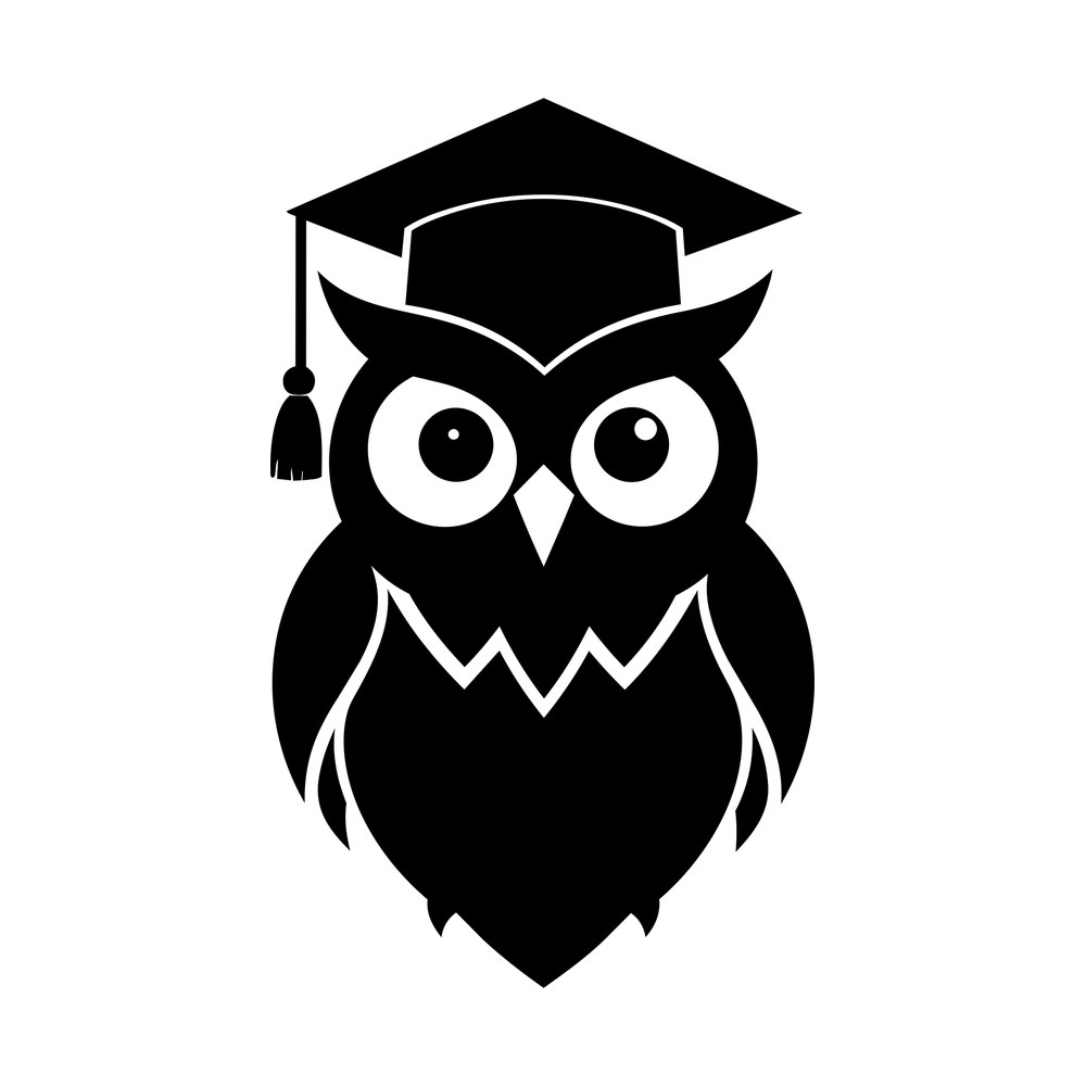 Black owl silhouette wearing a graduation mortarboard cap with a hanging tassel