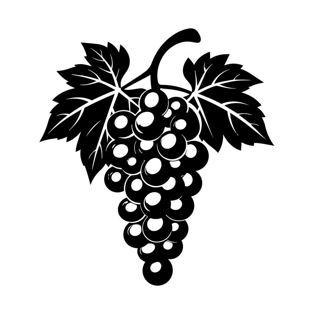 Black silhouette of a grape bunch with highlighted berries and two veined vine leaves