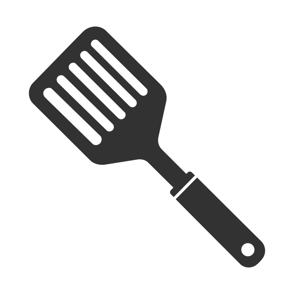 Angled black slotted grill spatula with six blade slots and a banded handle with end loop