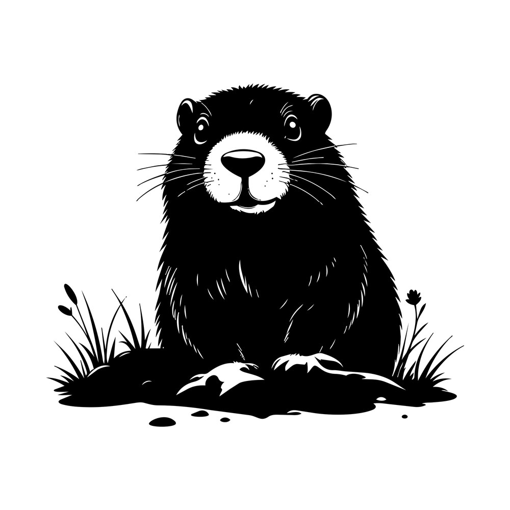 Black silhouette groundhog sitting in a burrow mound with grass, cattail and wildflower