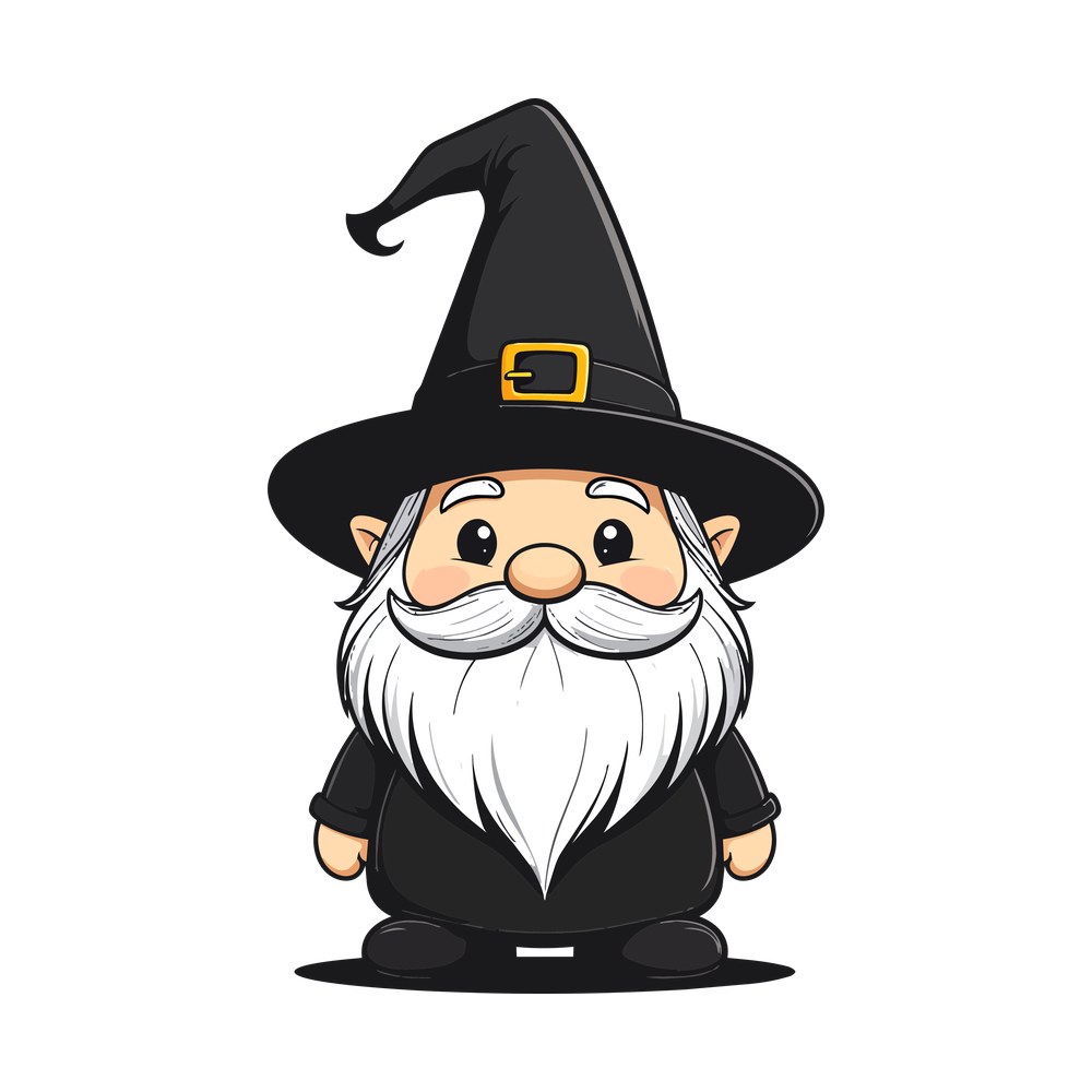 Cartoon gnome with long white beard wearing a tall black witch hat with a gold buckle