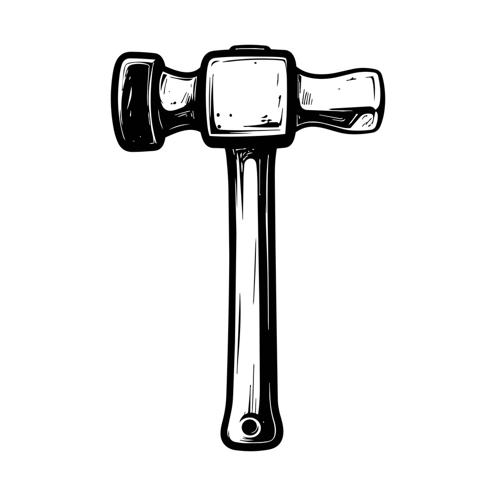 Hand-drawn black ink sketch of a hammer with a square head and long handle