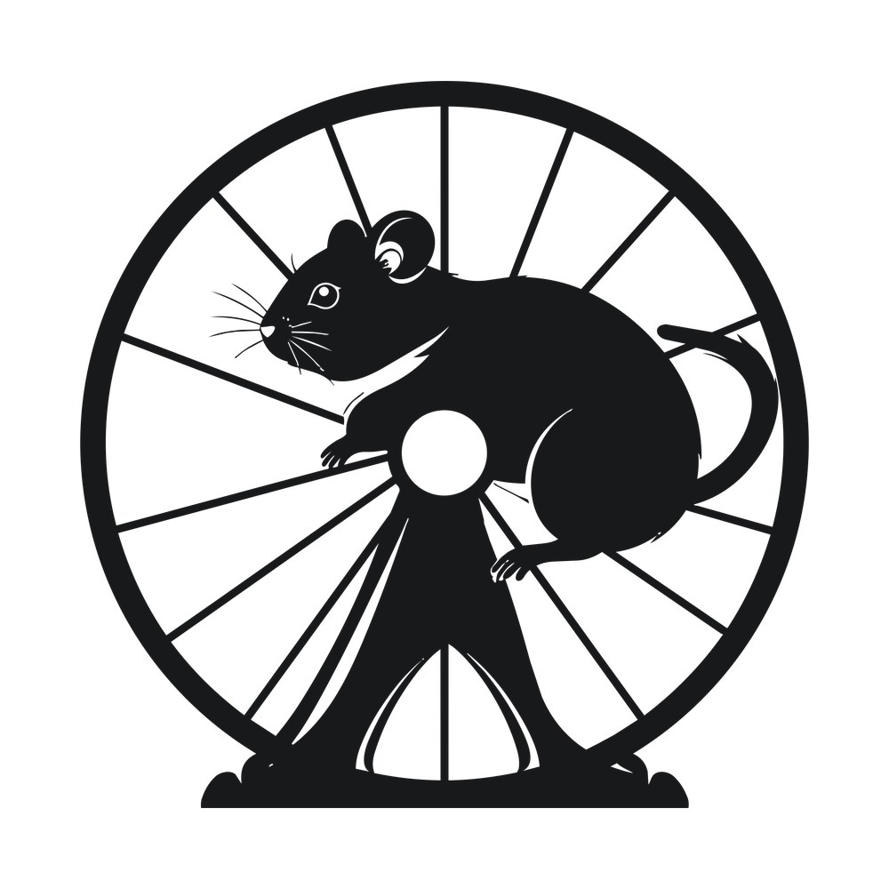 Black silhouette of a hamster running inside a spoked exercise wheel on a stand