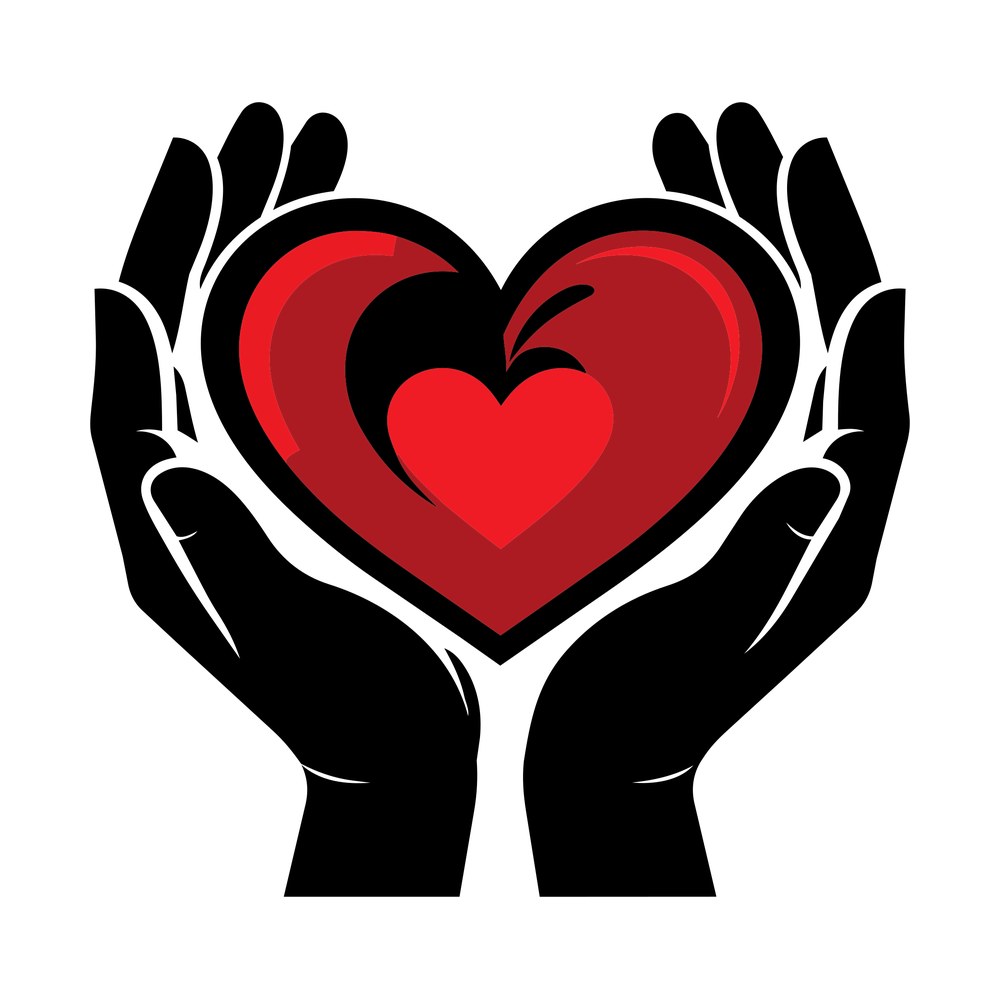 Black silhouette hands holding a glossy red layered heart with a smaller heart inside