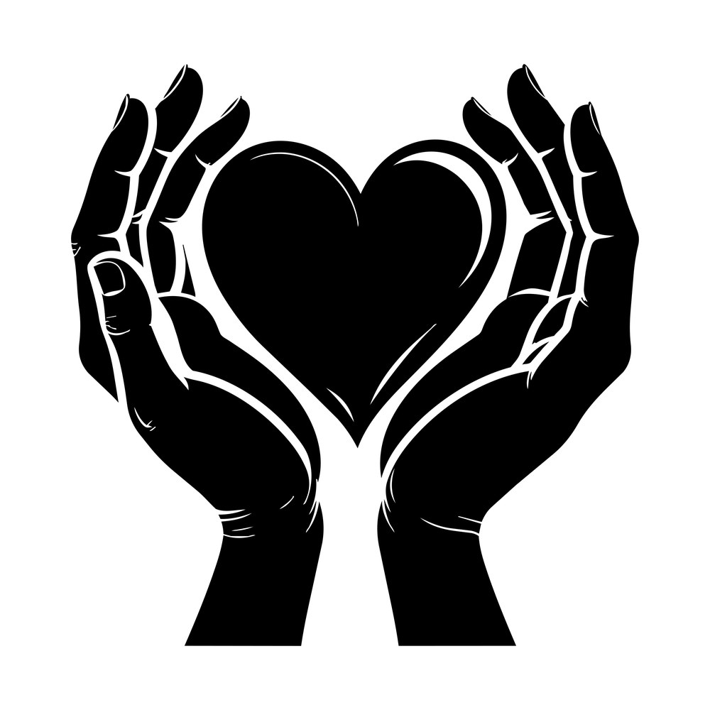Black silhouette of two open hands cupping a rounded heart, line-art style cut file