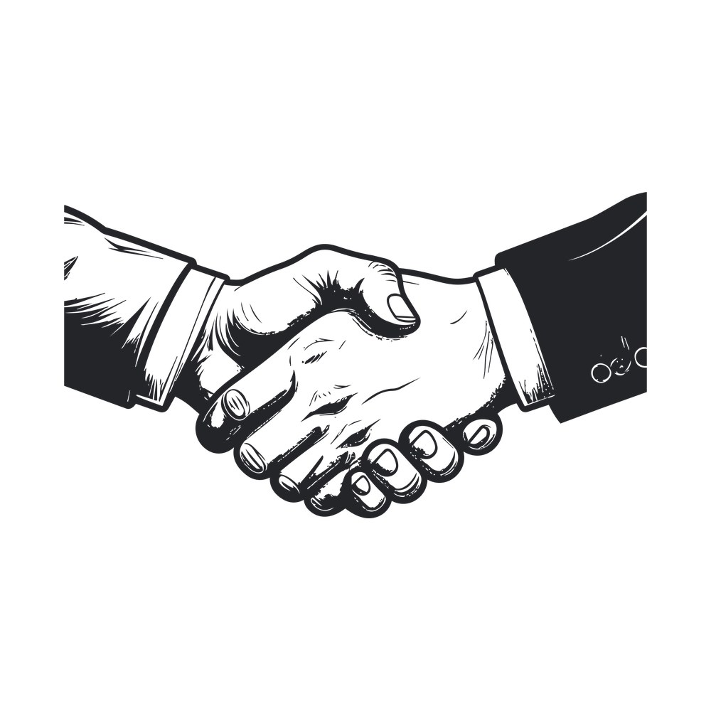 Black ink line-art drawing of two suited arms shaking hands, a business handshake symbol
