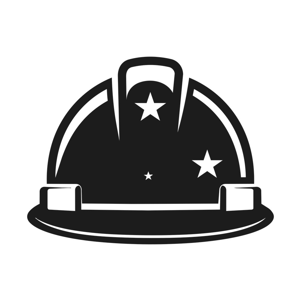Black construction hard hat silhouette facing forward with three white stars on the shell