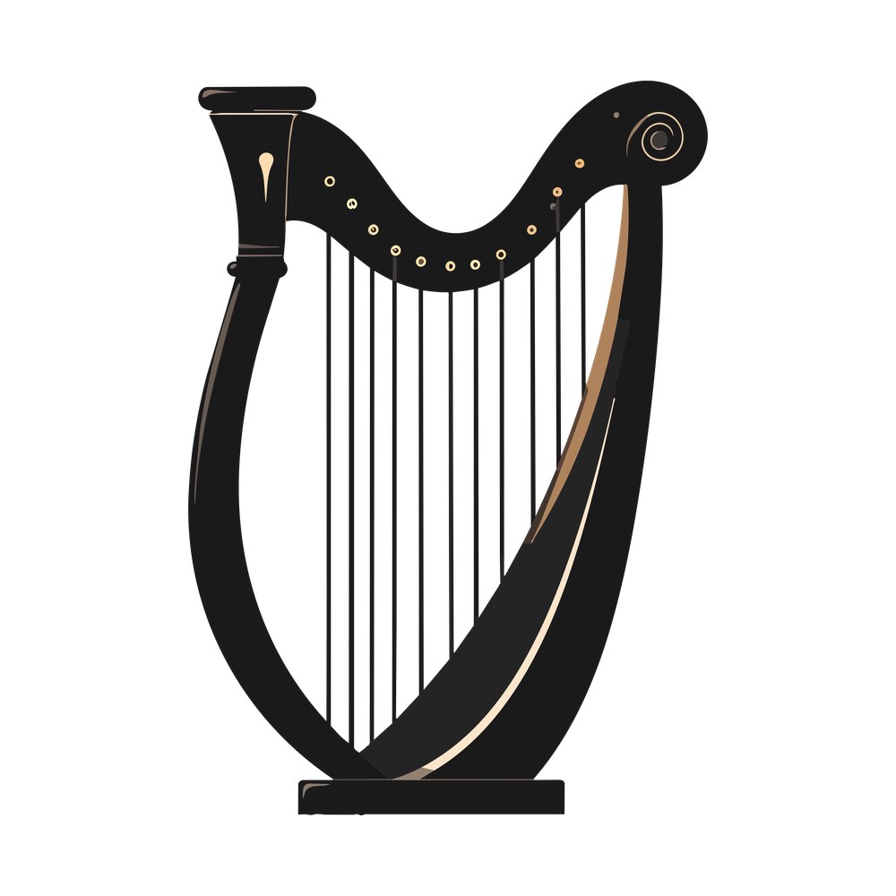 Black concert harp in side view with gold trim, tuning pins and thin vertical strings