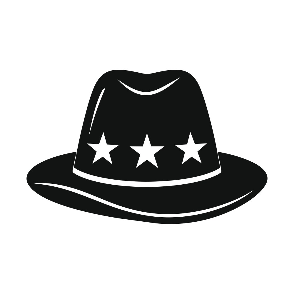 Black fedora hat silhouette seen from the front with three white stars across the hat band