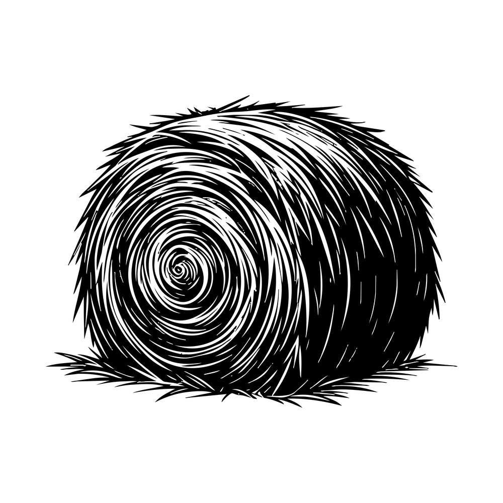 Sketched round hay bale with spiral straw texture and loose stalks on the ground