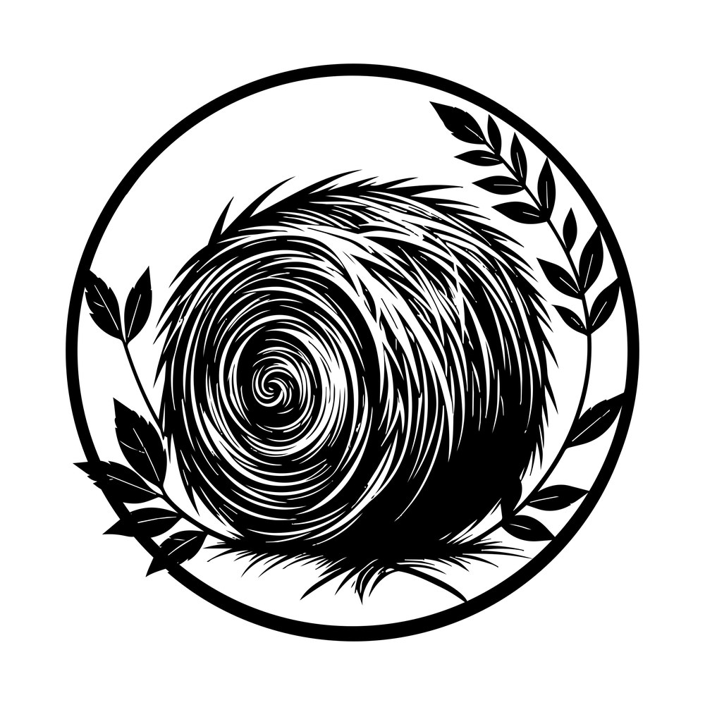 Round hay bale with spiral straw inside a circle frame edged with leafy branches