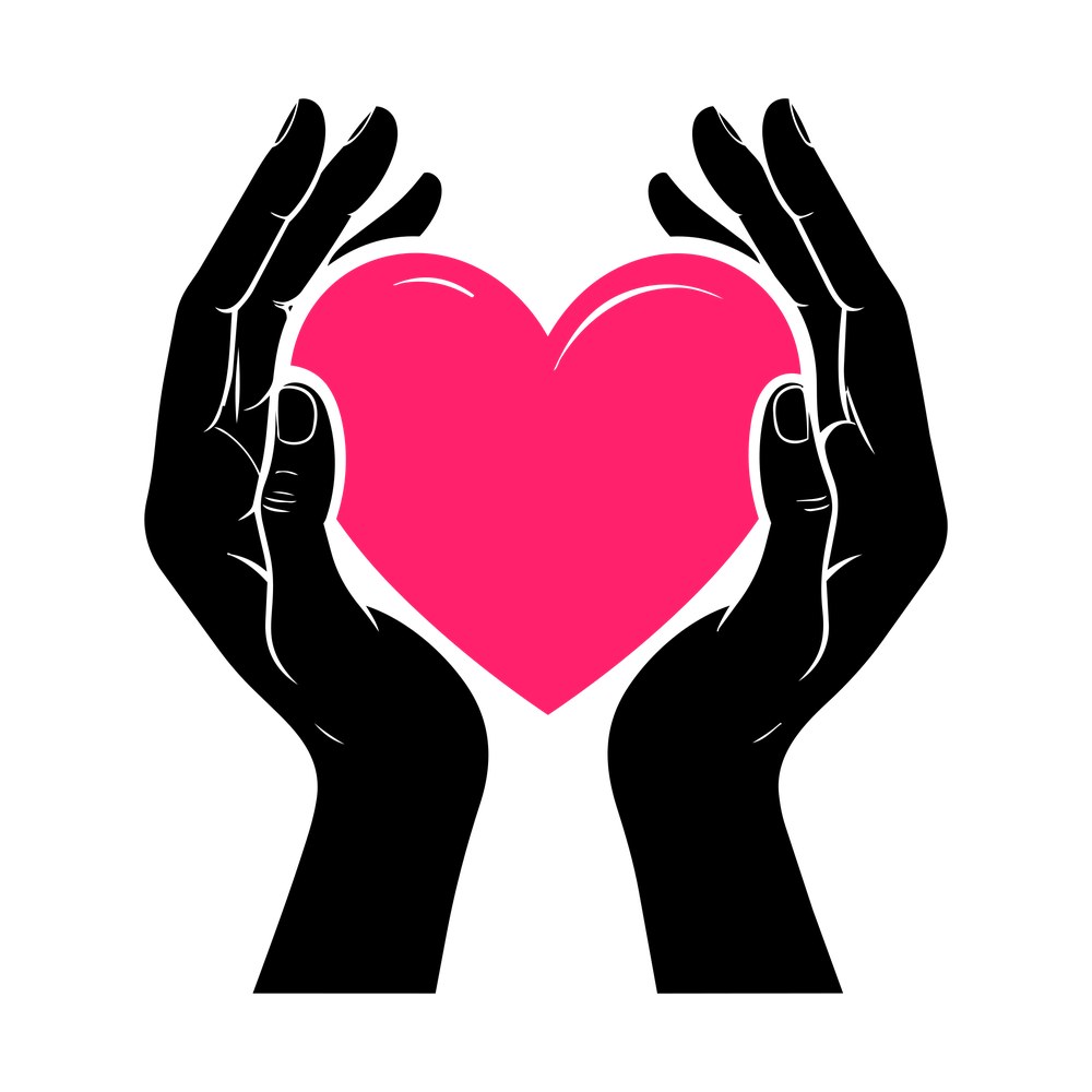 Two black cupped hands holding a large pink heart, with thin white lines marking fingers