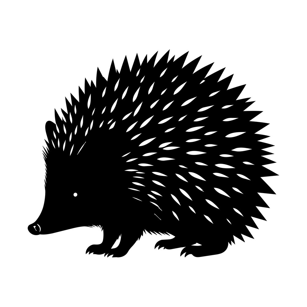 Black hedgehog silhouette in profile with spiky quills, teardrop cutouts and a pointed snout