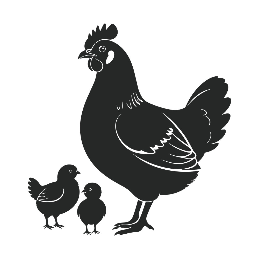 Silhouette of a hen standing with two small chicks, feather lines shown as thin white breaks