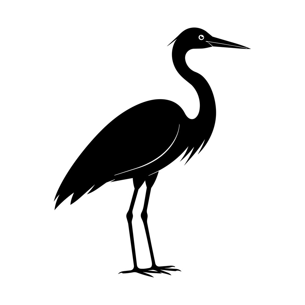 Black silhouette of a heron standing in profile with a curved neck, long beak and thin legs