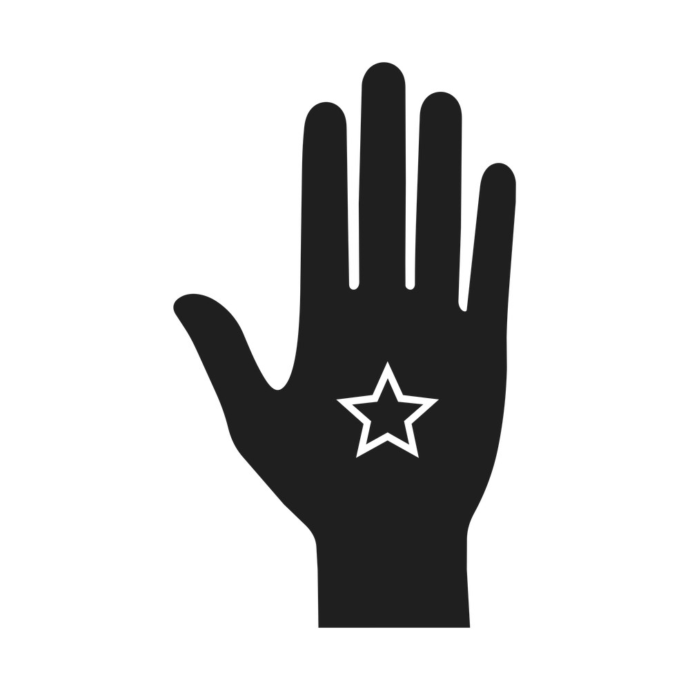 Black silhouette of a raised open hand with a five-point star cut out of the palm