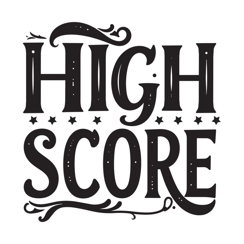 Vintage lettering reading High Score with a row of stars between the words and curled flourishes