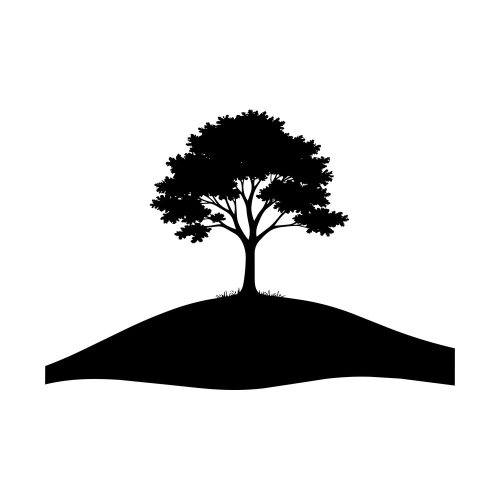 Silhouette of a leafy tree growing on a rounded grassy hill with a curved ground line