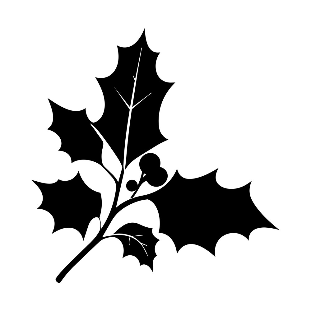 Black holly branch silhouette with five spiked leaves, vein lines and three round berries
