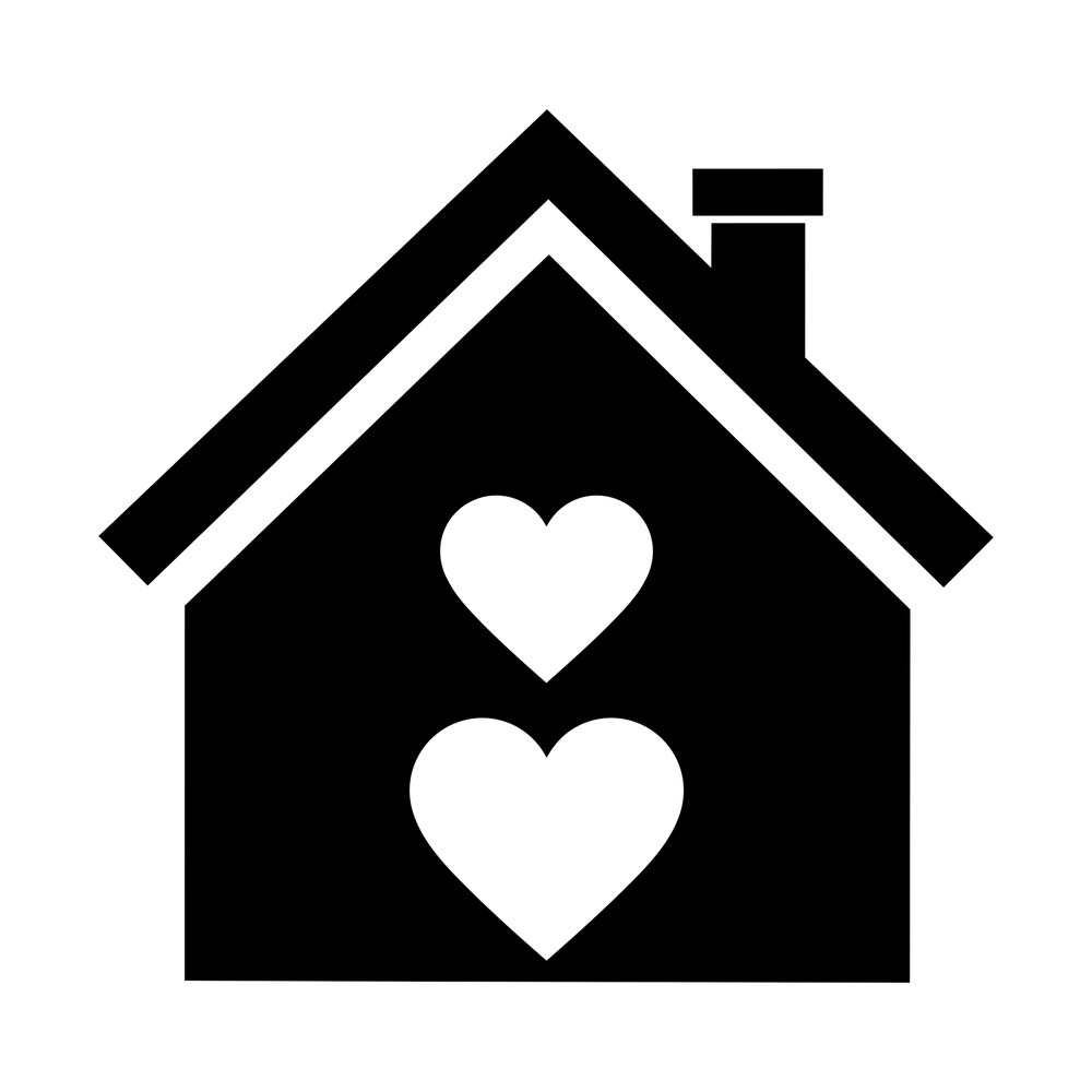 Solid black house silhouette with a chimney and two heart shapes cut out of the front wall