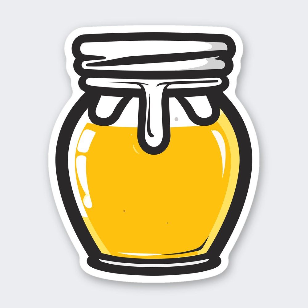 Sticker of a round glass jar of golden honey with a white lid and honey dripping down
