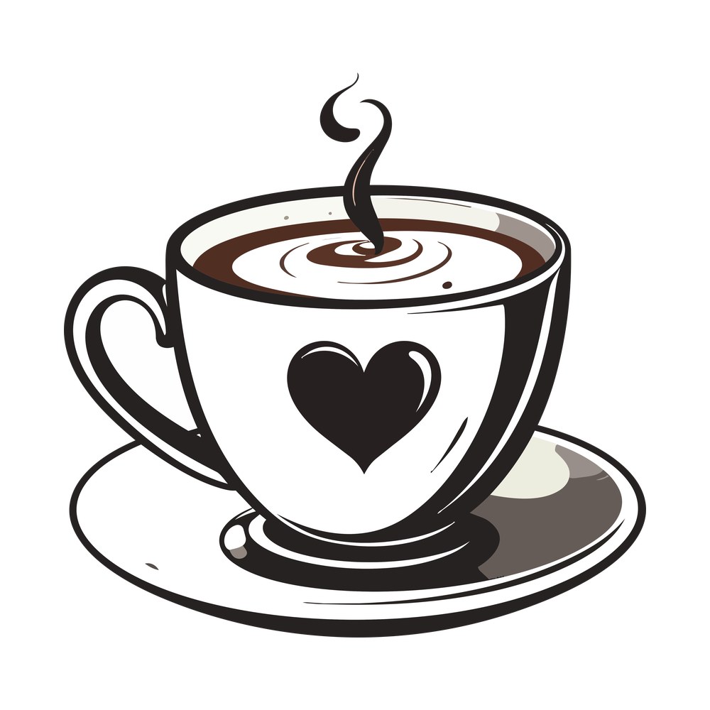 Line-art cup of hot chocolate on a saucer with swirled cream, rising steam and a heart on the mug