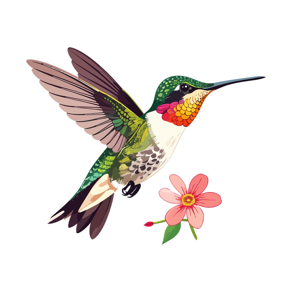 Retro hummingbird with swept-back wings and orange throat above a pink blossom