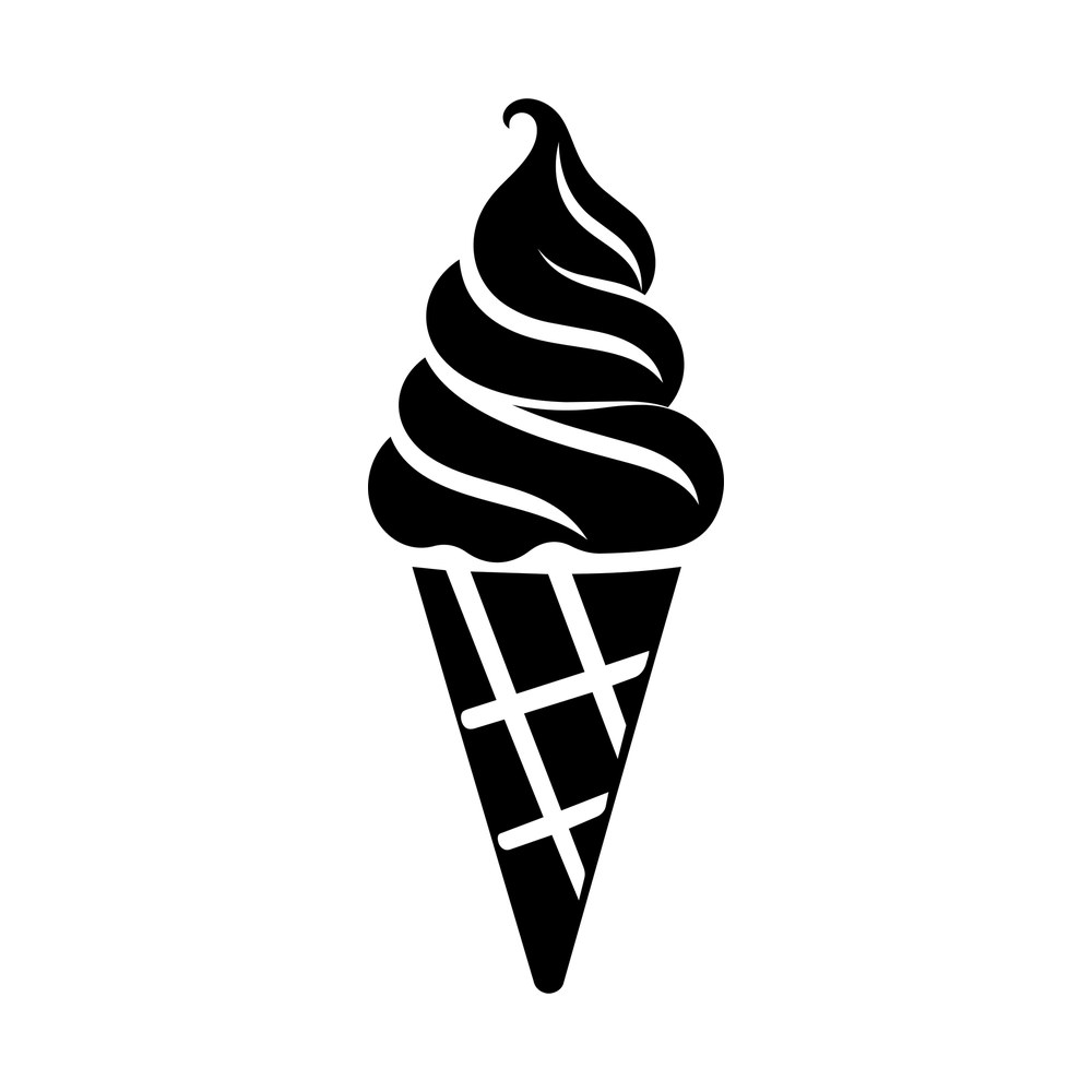 Black and white sticker of a soft serve ice cream swirl in a waffle cone