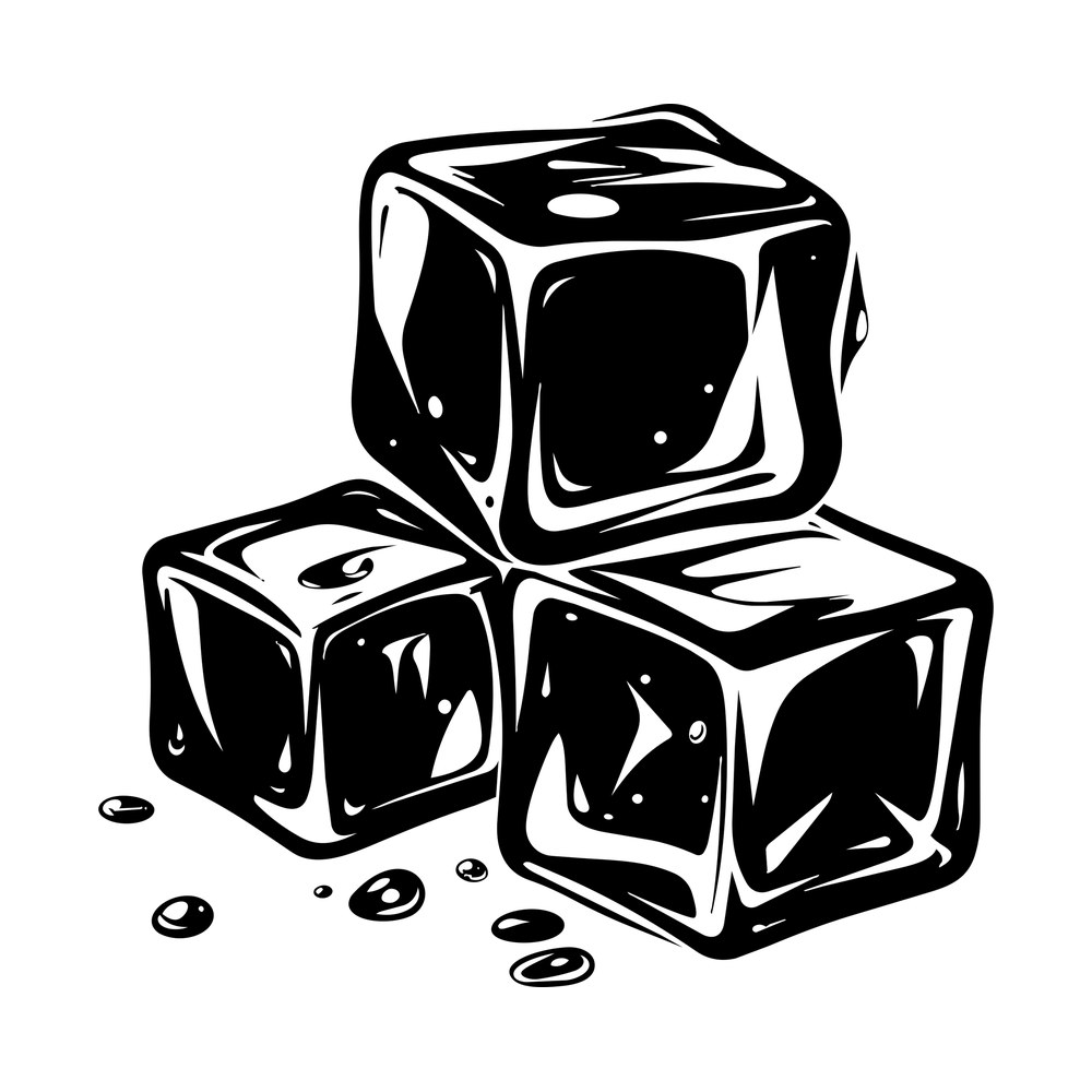 Black and white sticker of three stacked ice cubes with highlights and water droplets