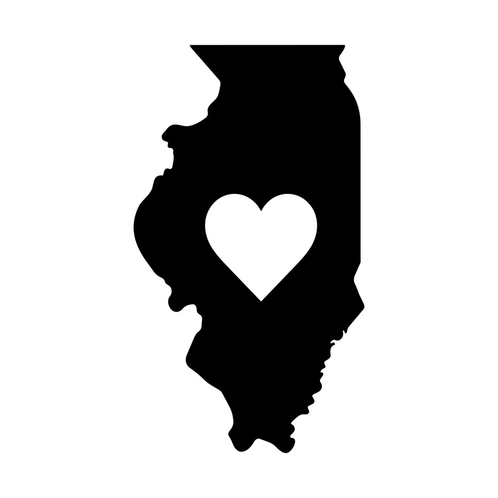 Black Illinois state map sticker with a white heart cut out of the center