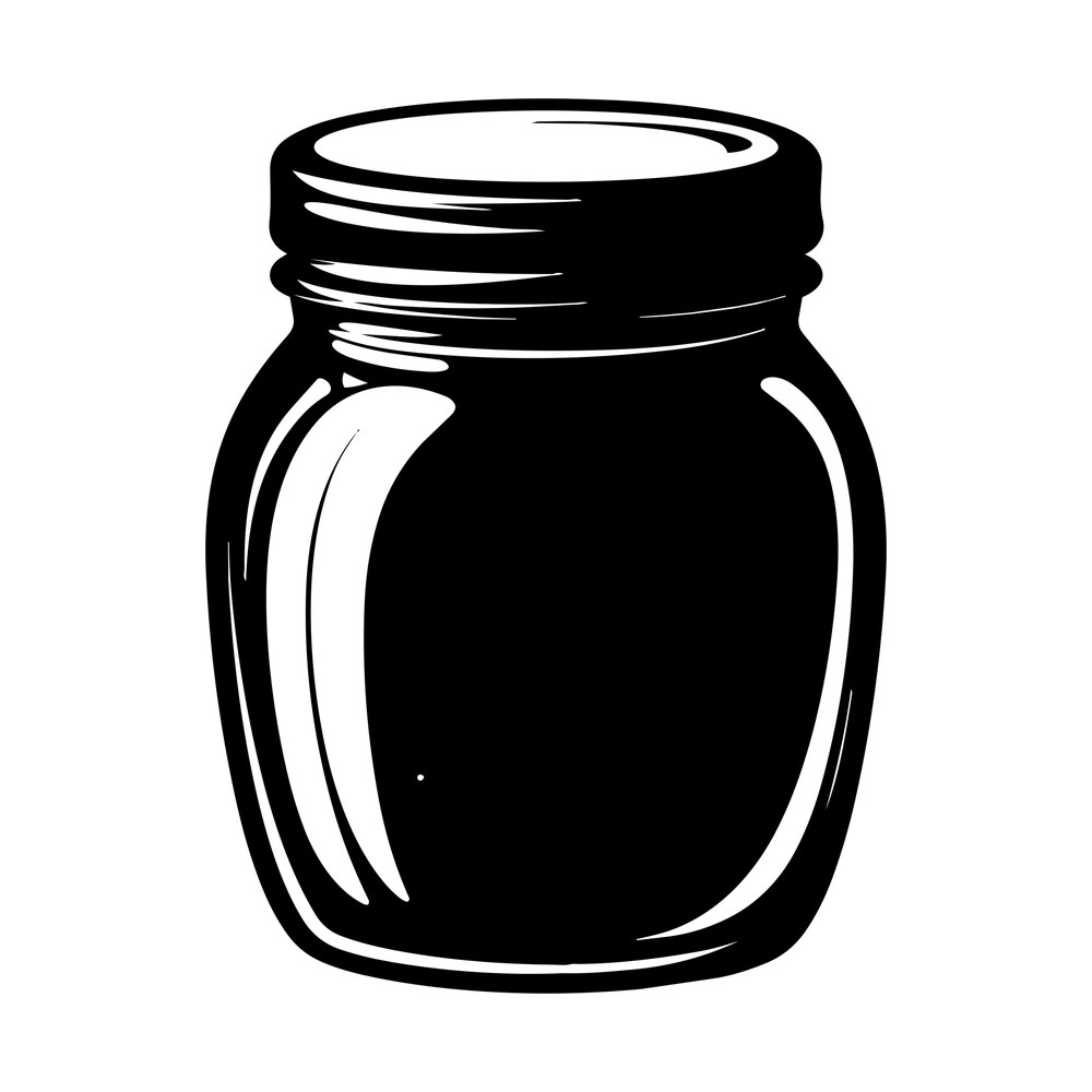 Black and white jam jar sticker with ribbed screw lid and sketched glass highlights