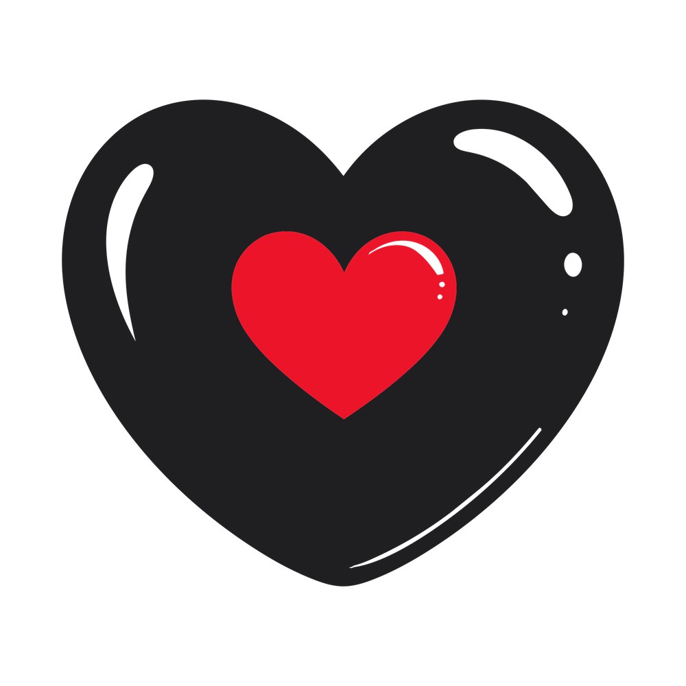 Glossy dark heart with white shine marks and a smaller red heart in the center