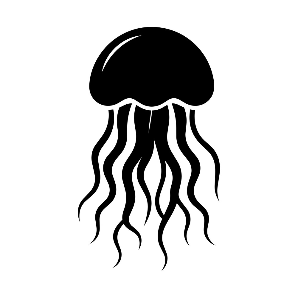 Black silhouette jellyfish sticker with rounded bell and long wavy trailing tentacles