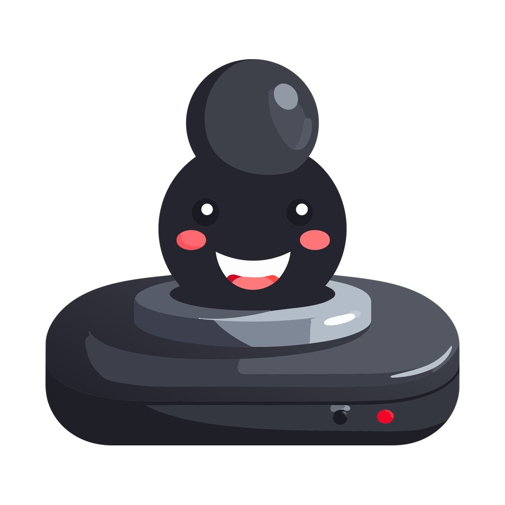 Cartoon arcade joystick with smiling face and pink cheeks on a dark base