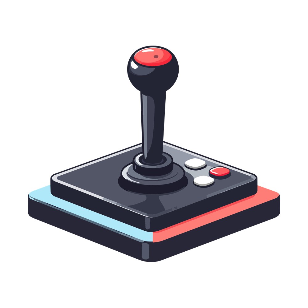 Isometric illustration of a retro arcade joystick with red ball top on a blue and red base
