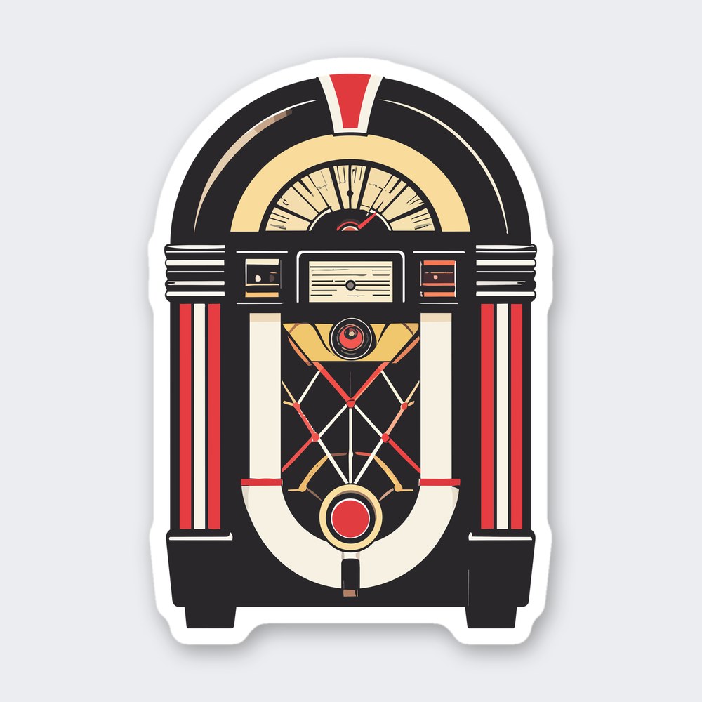 Retro arched jukebox sticker in red, cream and black with striped columns and glowing grille