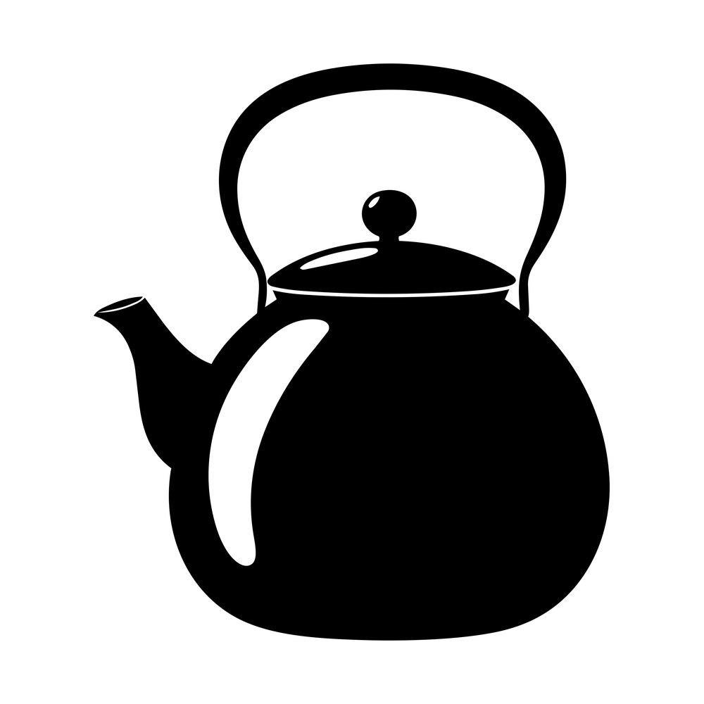Bold black silhouette of a round tea kettle with domed lid, knob and curved spout