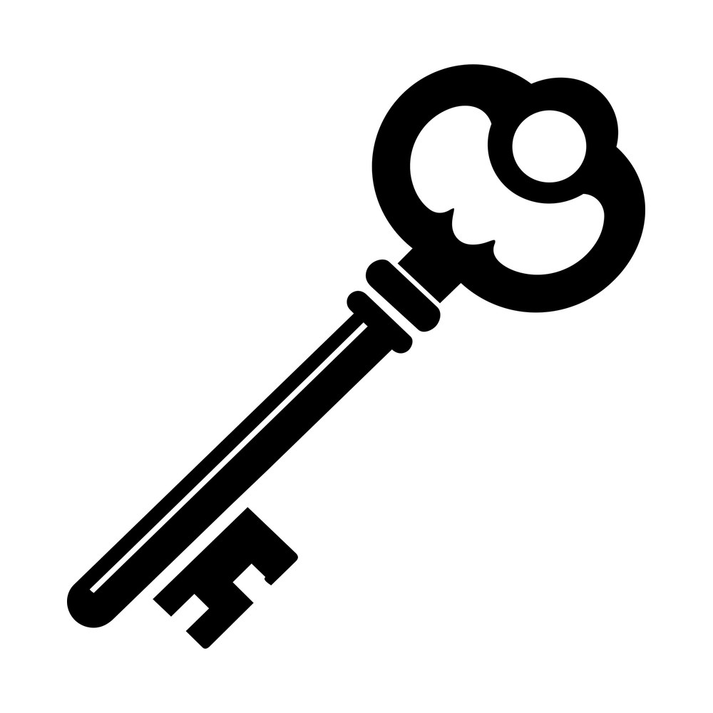 Black vintage skeleton key sticker with a round openwork bow and notched bit