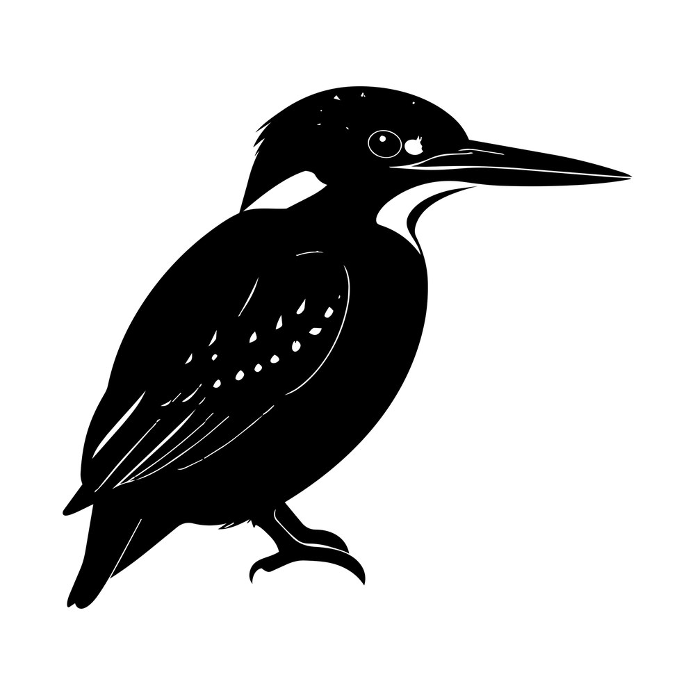 Black silhouette of a kingfisher perched in profile with a long beak and spotted wing
