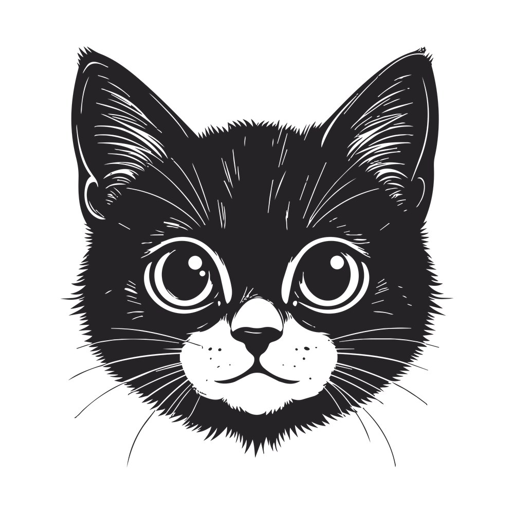 Black line-art drawing of a kitten face with large eyes, pointed ears and long whiskers