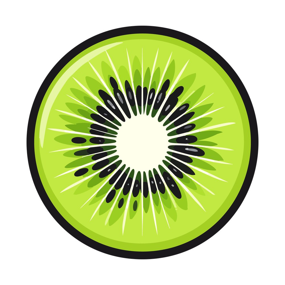 Kiwi fruit slice cross section with black seeds and cream core inside a dark circle