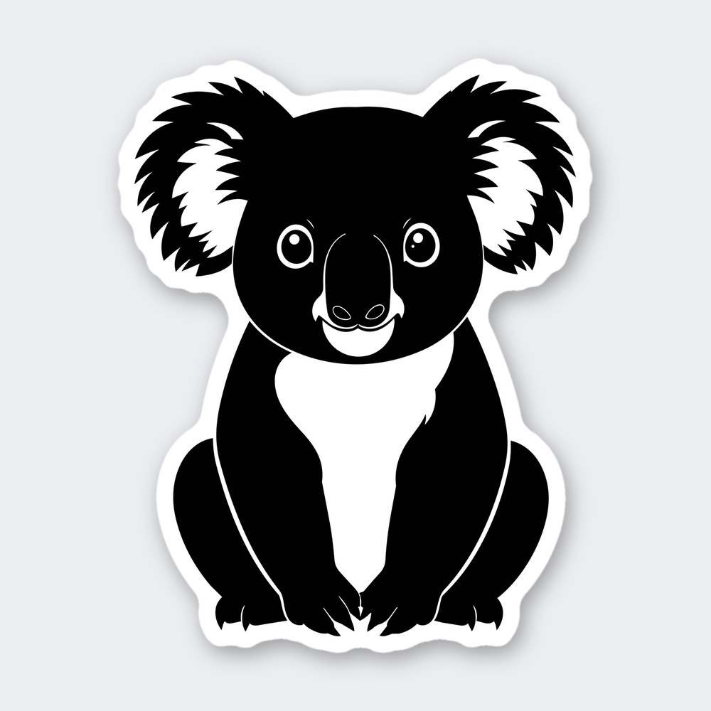 Black and white sitting koala sticker with fluffy ears, round eyes and a pale chest patch