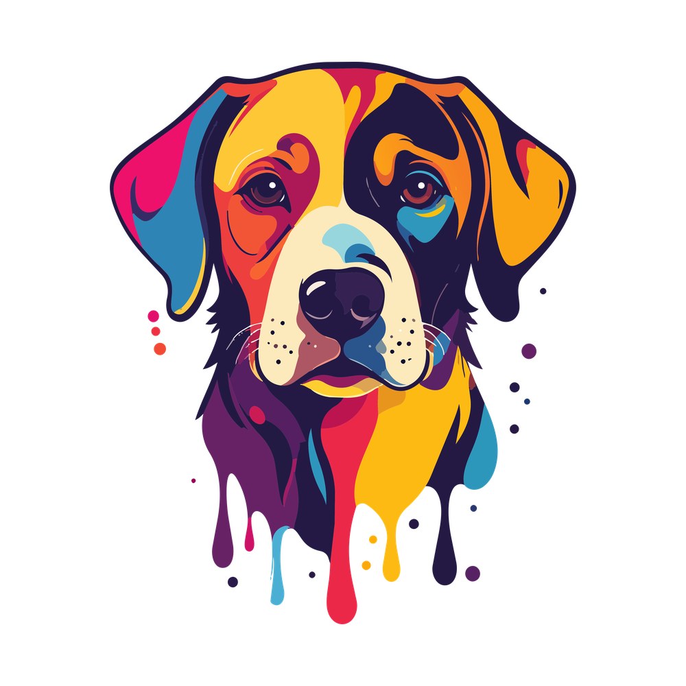 Labrador dog face in bold magenta, orange, yellow and blue color blocks with paint drips below