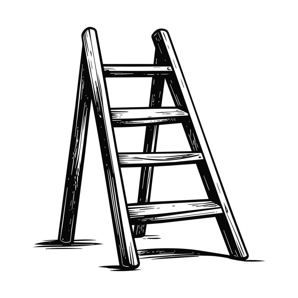 Hand-drawn black ink sketch of a wooden A-frame step ladder with four treads