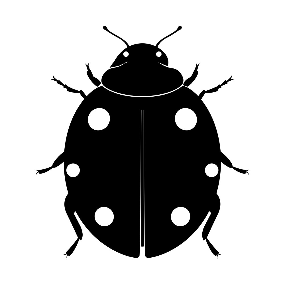 Solid black ladybug silhouette seen from above with six white spots, antennae and six legs
