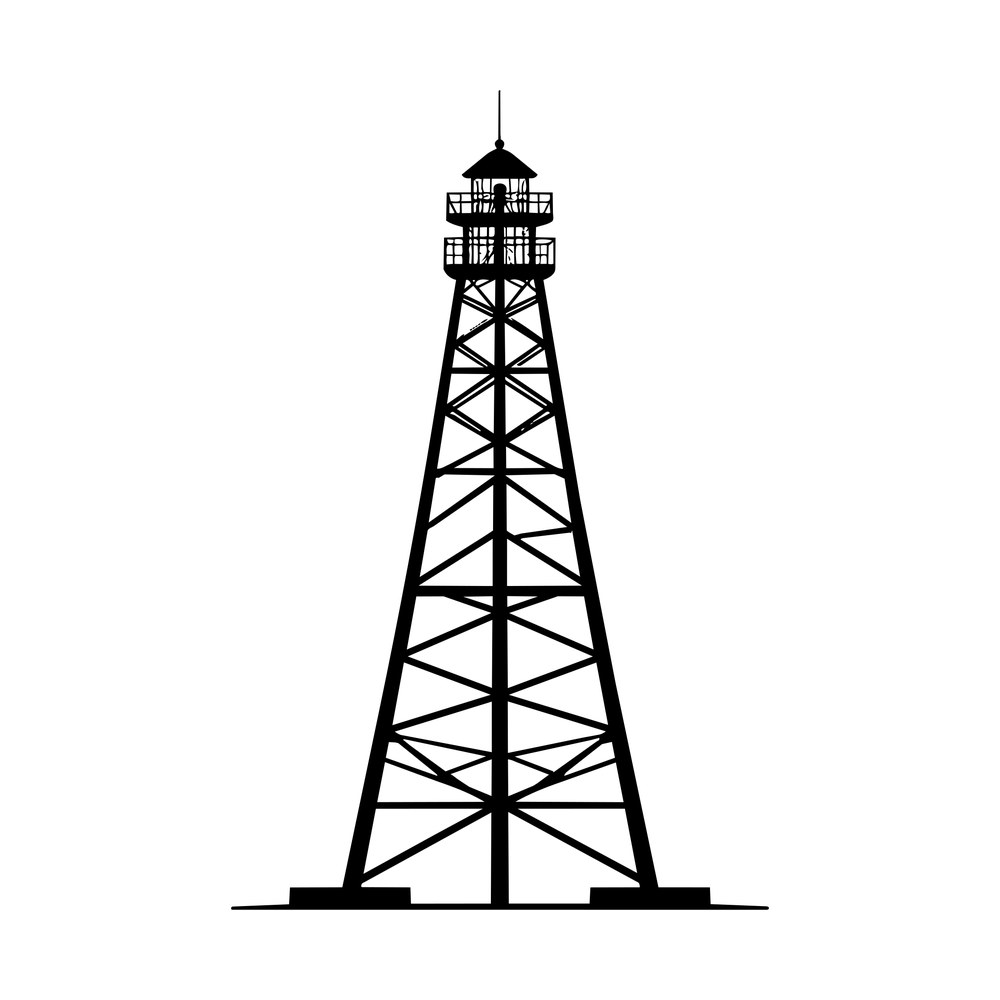 Black silhouette of a steel lattice tower with a railed gallery and lantern room on top