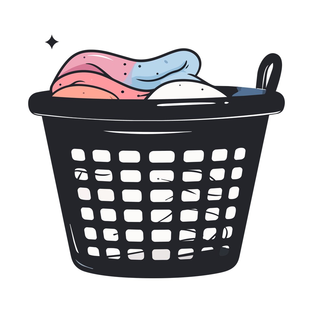 Dark laundry basket with grid holes, filled with pink, blue and white clothes