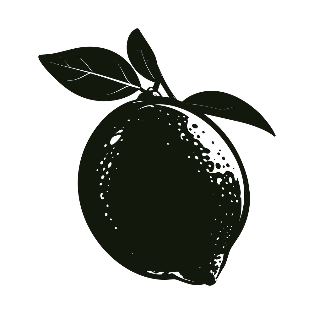 Black silhouette lemon with a short stem and three leaves, speckled peel dots along one side